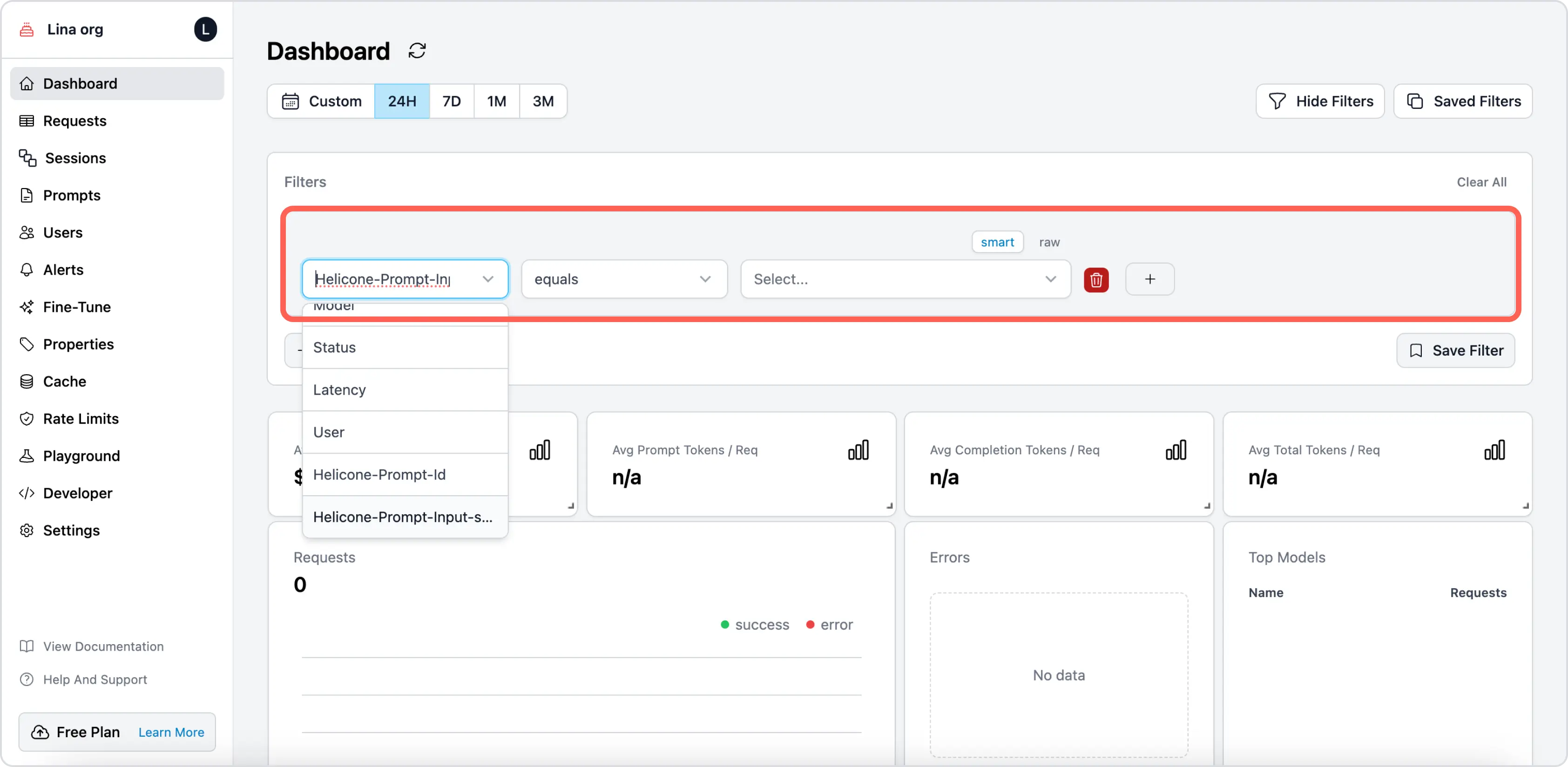 Segment requests and metrics by custom properties on Helicone's dashboard